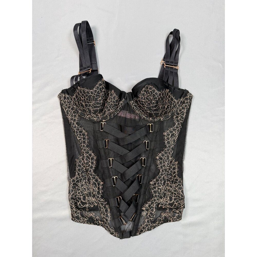 Victoria's Secret 32B Black Gold Lace Corset Bustier Top Lace Up Lingerie Mesh